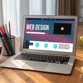 Laptop displaying a web design interface, pencils, and a cup on a wooden table.