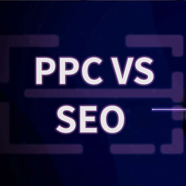 PPC vs SEO in white text on a dark blue background with purple and white design elements.