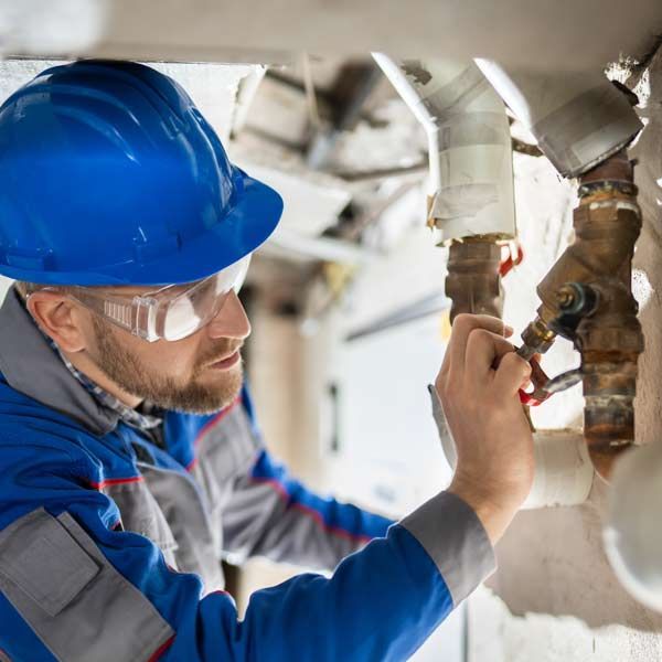 Plumber in blue hard hat and safety glasses inspecting pipes in a ceiling space