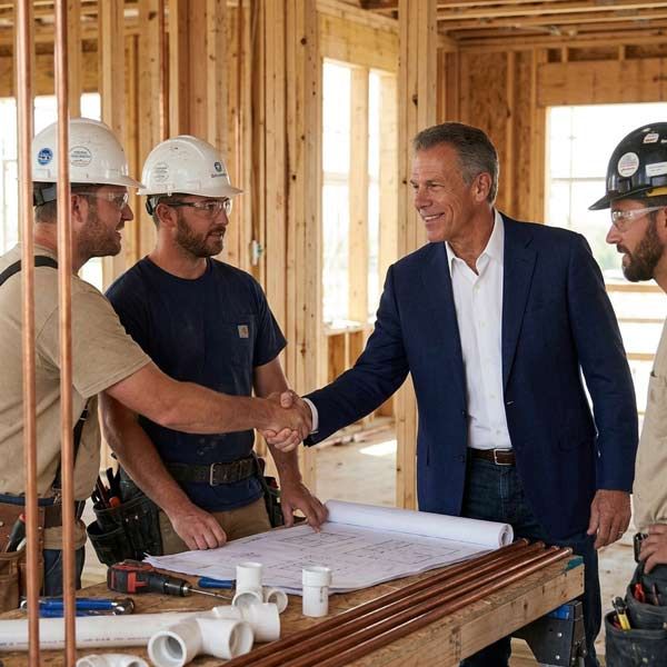 Plumbers meeting Craig Corbel of Solution Web Designs at a construction site with wooden framing and plans on a table