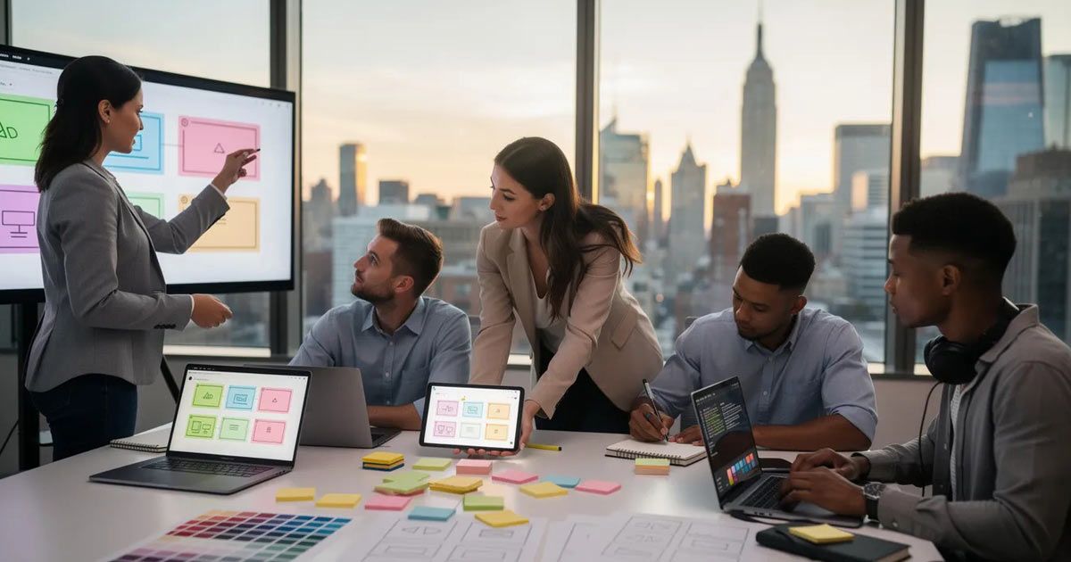 Web Design Company NYC collaborates in a modern office boardroom with a city skyline view, working on digital presentations and notes.