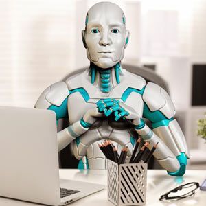 Website Copywriting Services by Solution Web Designs is not reliant on a white-and-teal robot at a desk with a laptop, pencils, and glasses, indoors.for content