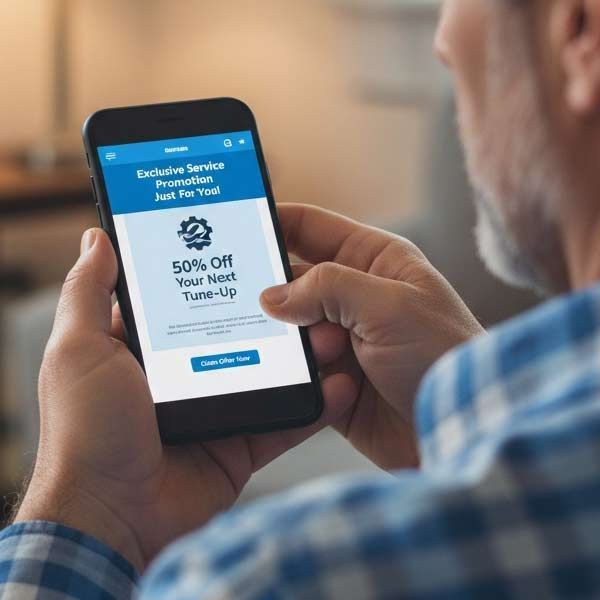 Person holding a smartphone displaying an email promotional campaign for 50% off a tune-up service.
