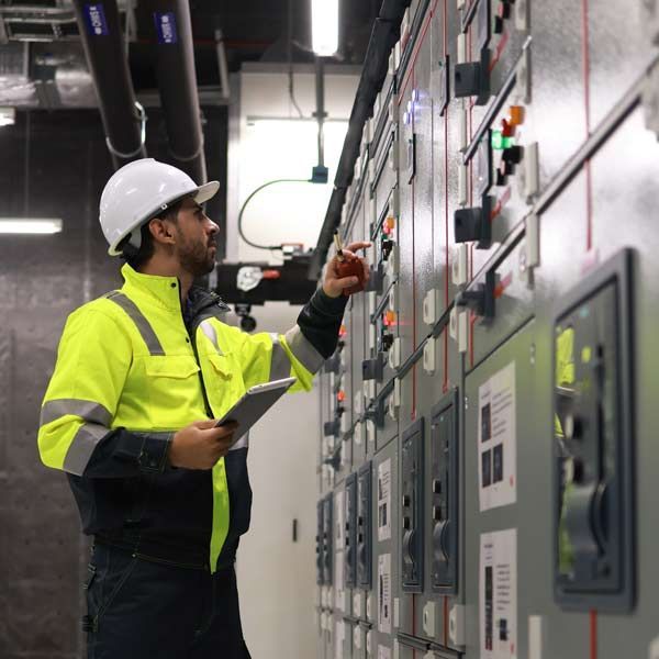 Electrical Engineer in safety gear, adjusting controls on a large electrical panel.