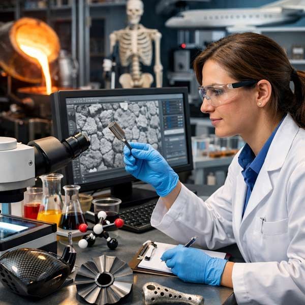 A materials engineer in a lab coat examines a sample under a microscope. Laboratory setting with molten metal and equipment.