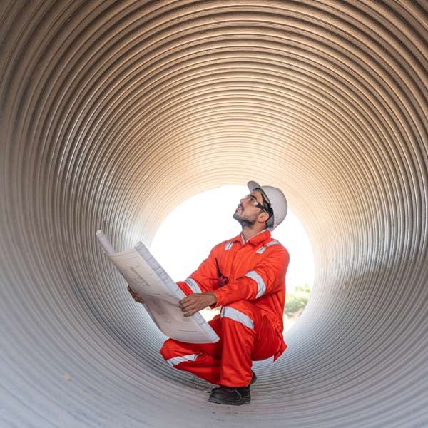 Mechanical Engineer in an orange jumpsuit, helmet, holding blueprints, inside a large metallic pipe, looking up.