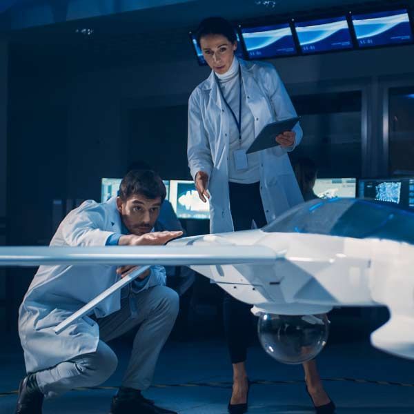 Aerospace Engineers in lab coats examining a model airplane in a control room.