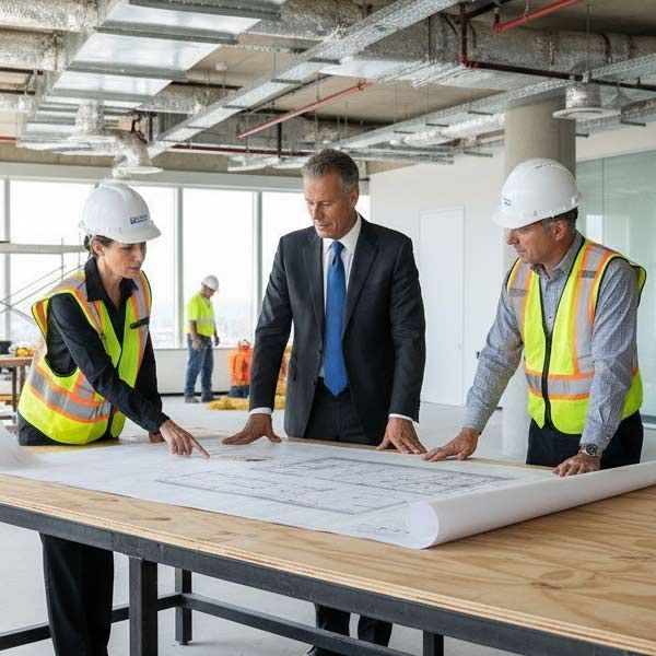 Three construction professionals reviewing blueprints at a table in a building interior