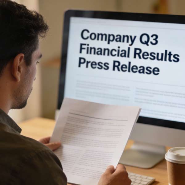A Solution Web Designs team member is reviewing financial results on a computer and a printed document while writing a 