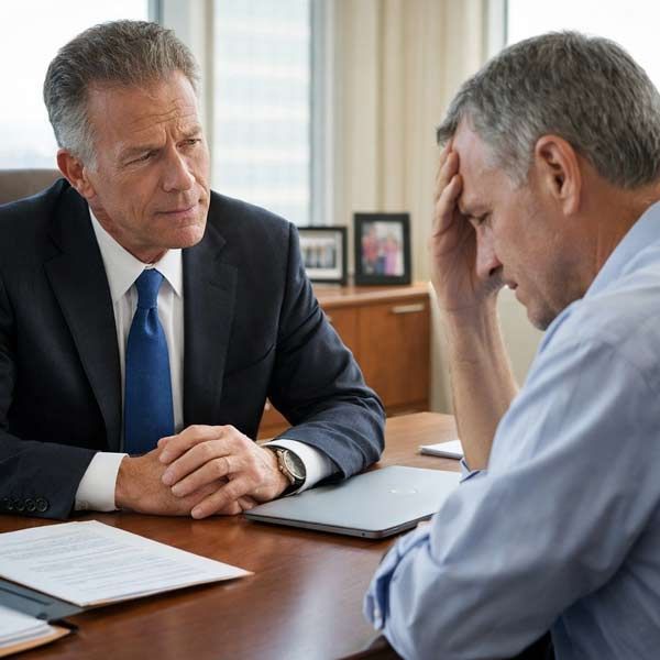 Solution Web Design VP of Operations meeting with a client upset about some bad reviews