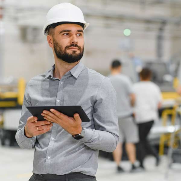 An engineer in a white hard hat and gray shirt holds a tablet, looking off to the side in a factory.