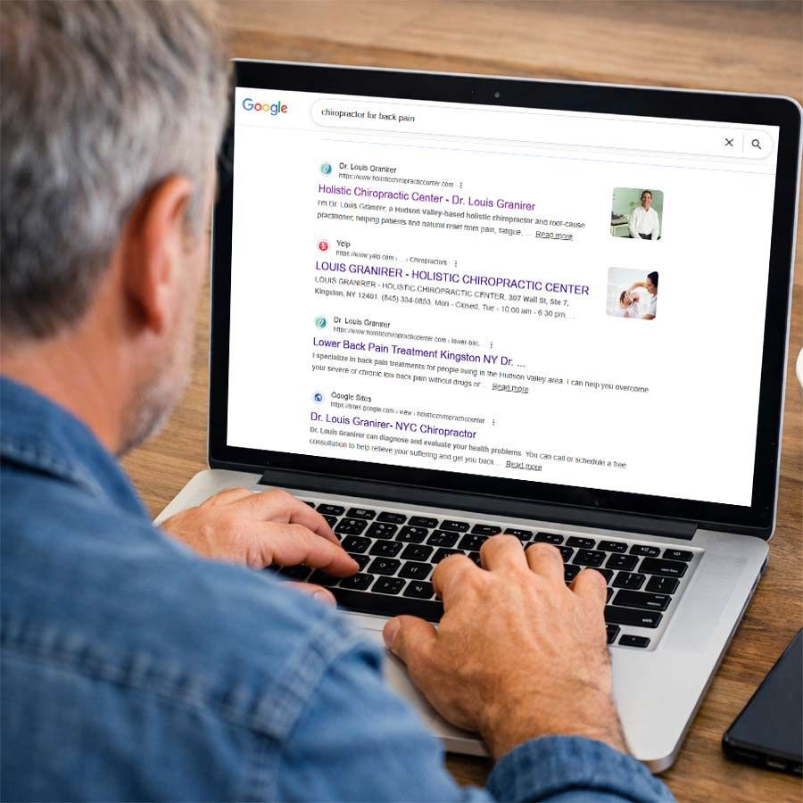 Man searching for a local chiropractor for back pain seeing Chiropractic Marketing and Websites for Chiropractors in the USA, Manhattan NYC, Nassau County, Suffolk County, Long Island NY