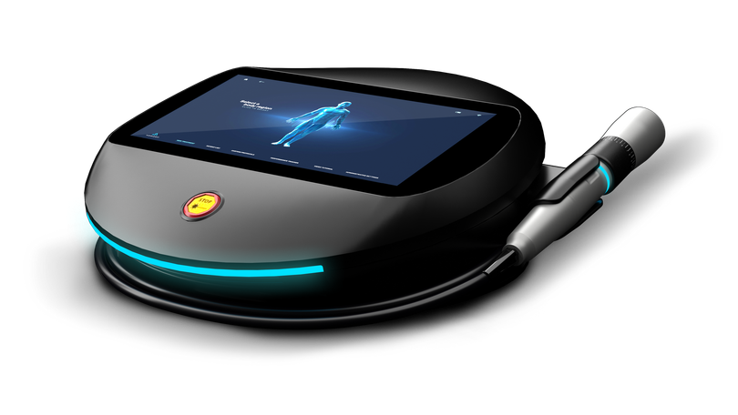 Black handheld device with a glowing cyan light strip and a stylus on a white background