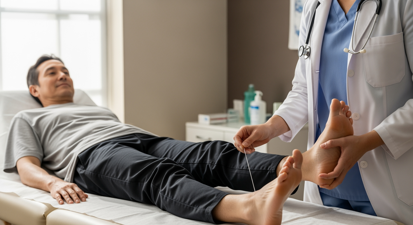 Patient lying on an exam table while a doctor checks both feet in a clinic room