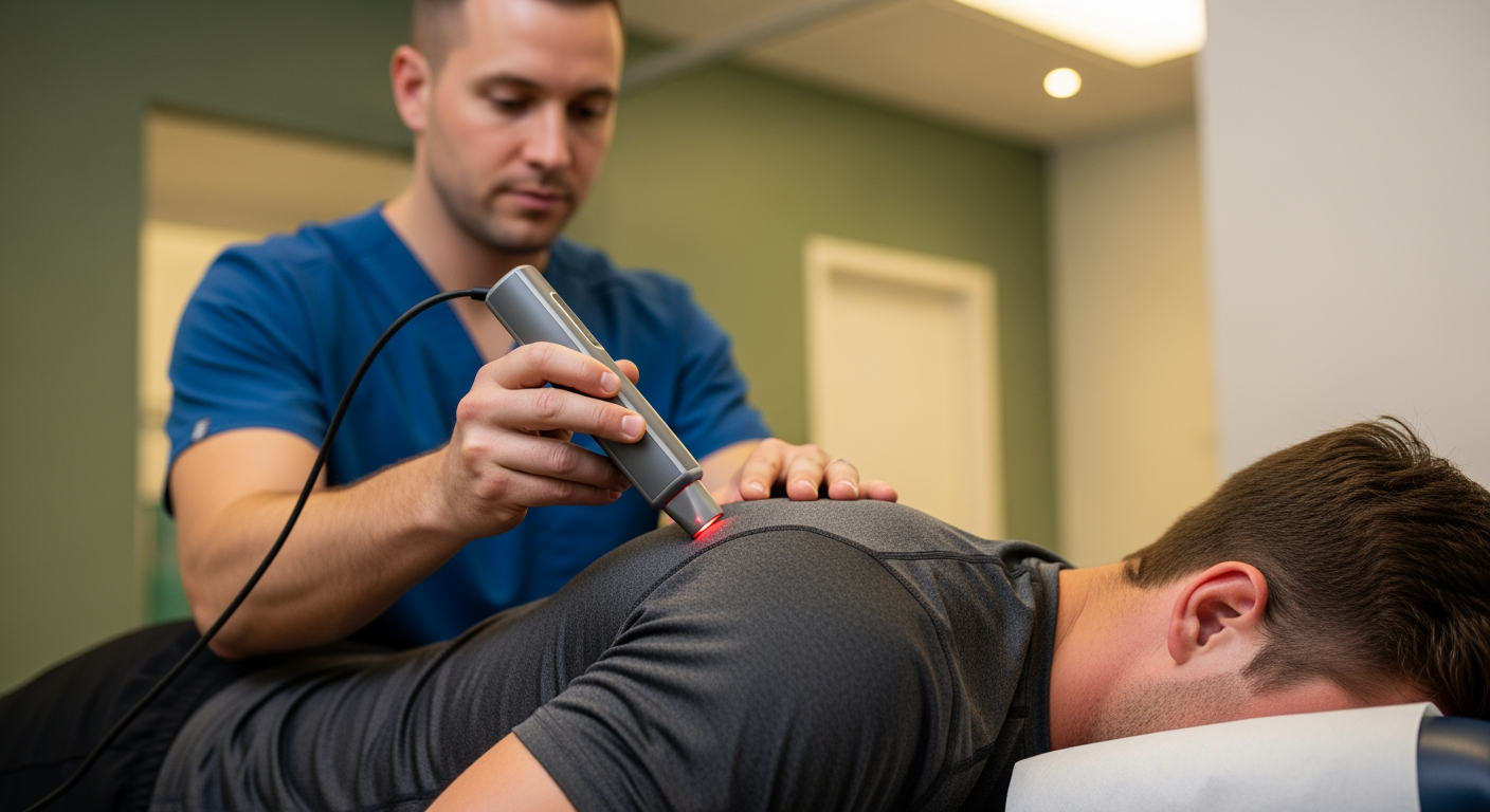 Chiropractor using a handheld device on a patient lying face down on a treatment table