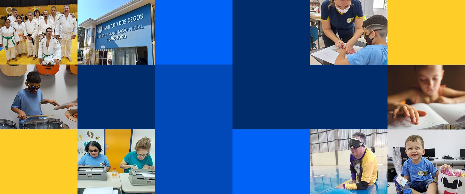 Uma colagem de fotos de pessoas fazendo diferentes atividades em um fundo azul e amarelo.