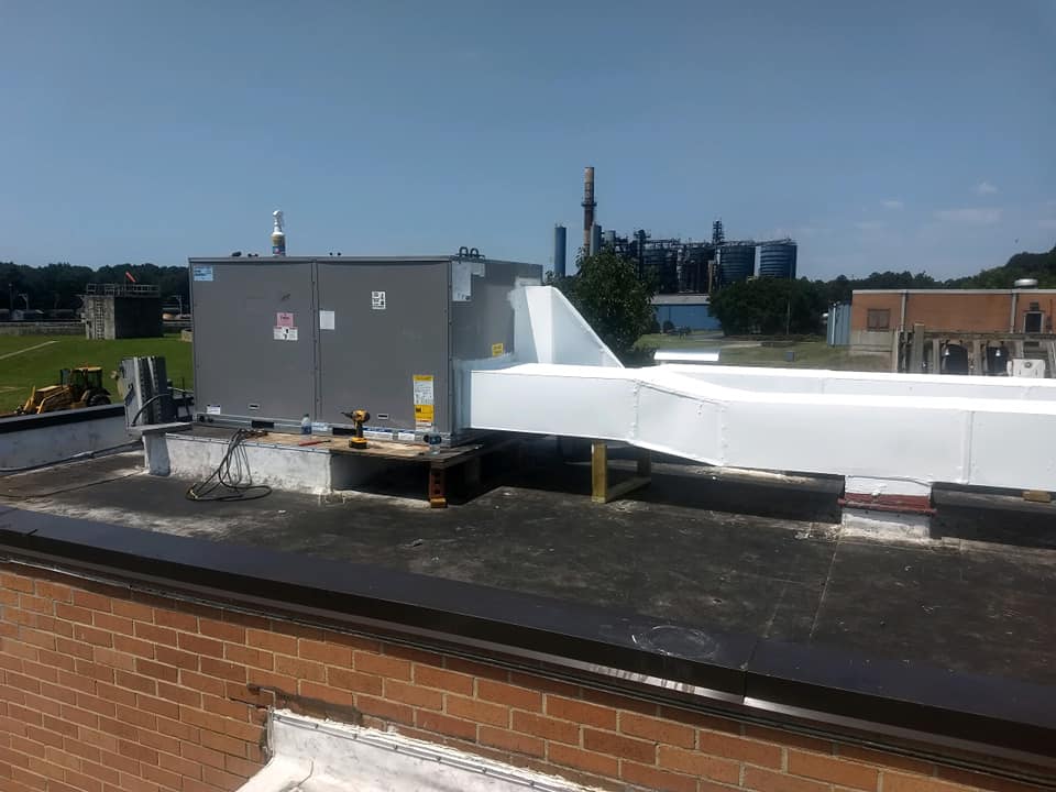 Carrier rooftop air conditioning unit on a flat, white-painted roof, trees in the background.
