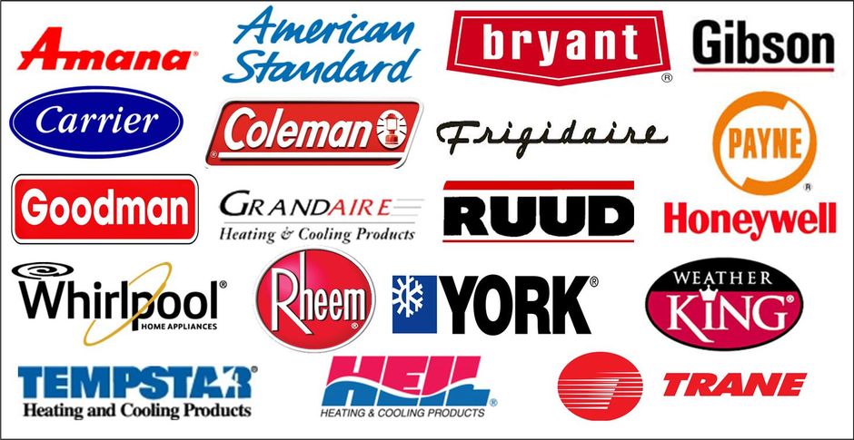 Logos of HVAC brands including Amana, Carrier, Goodman, Ruud, Trane, and others.