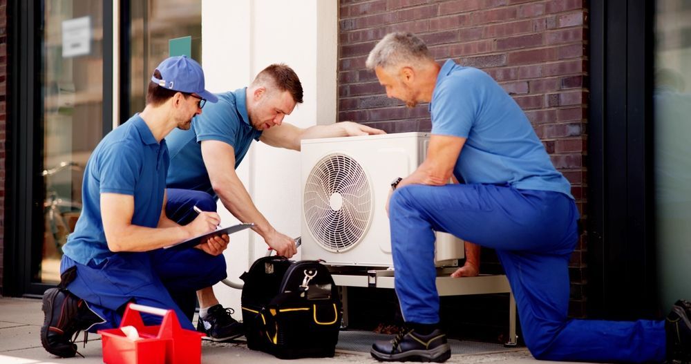 Three men are working on an air conditioner outside of a building.