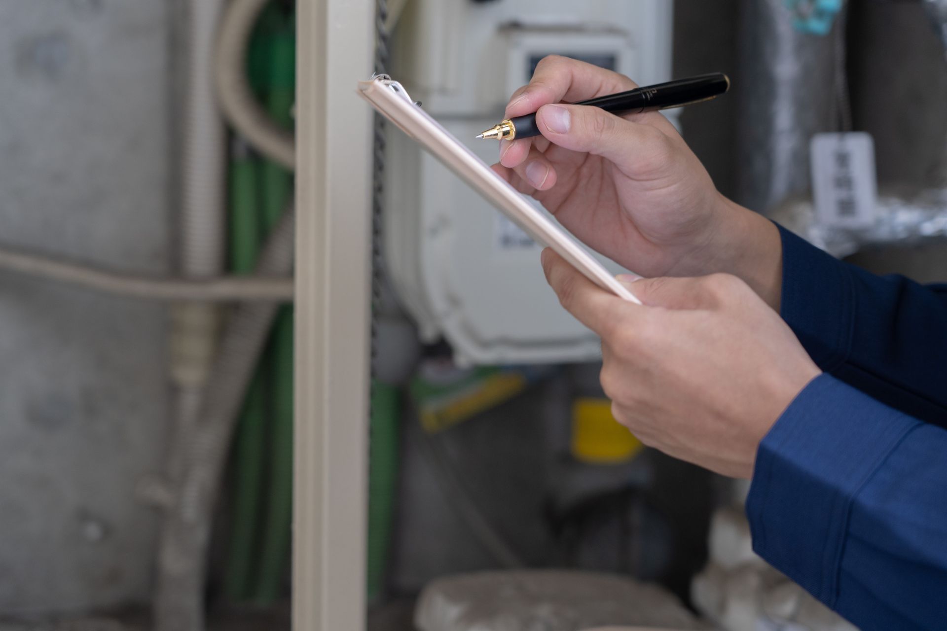 Person in blue overalls writing on a notepad, inspecting utility equipment.