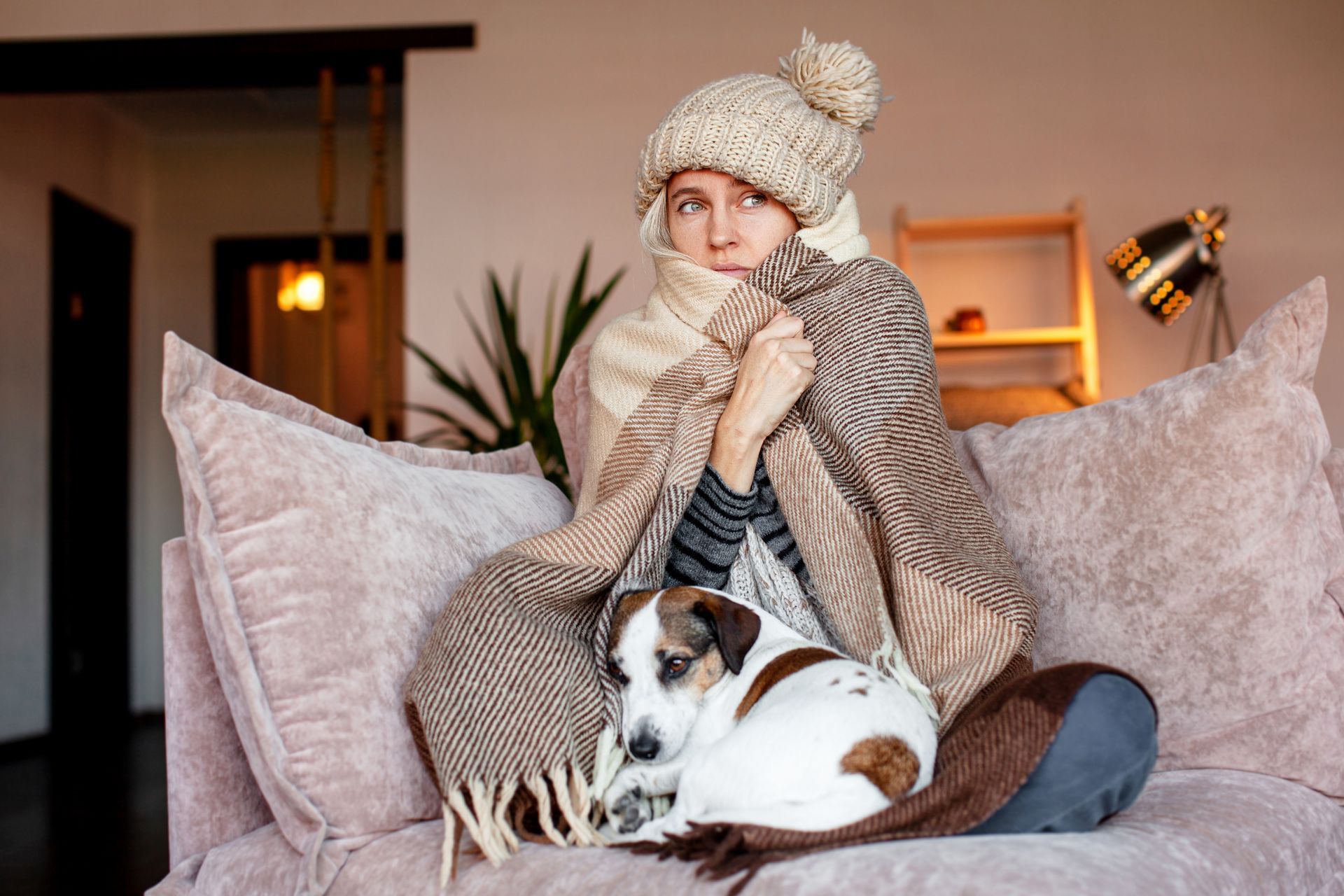 Woman wrapped in blankets with a dog on a couch, wearing a hat, looking cold.