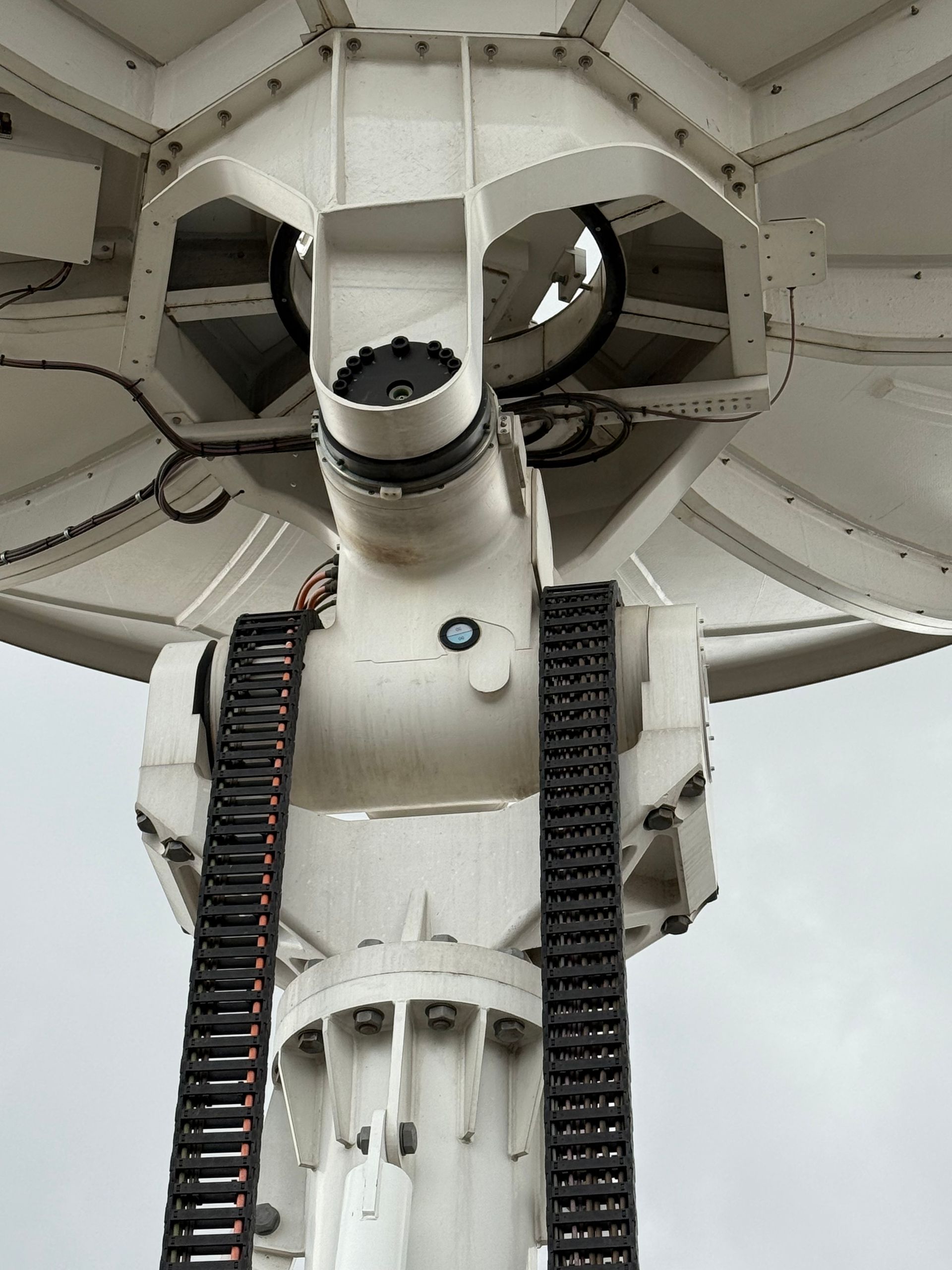 View of base of antenna dish / top of main mast.