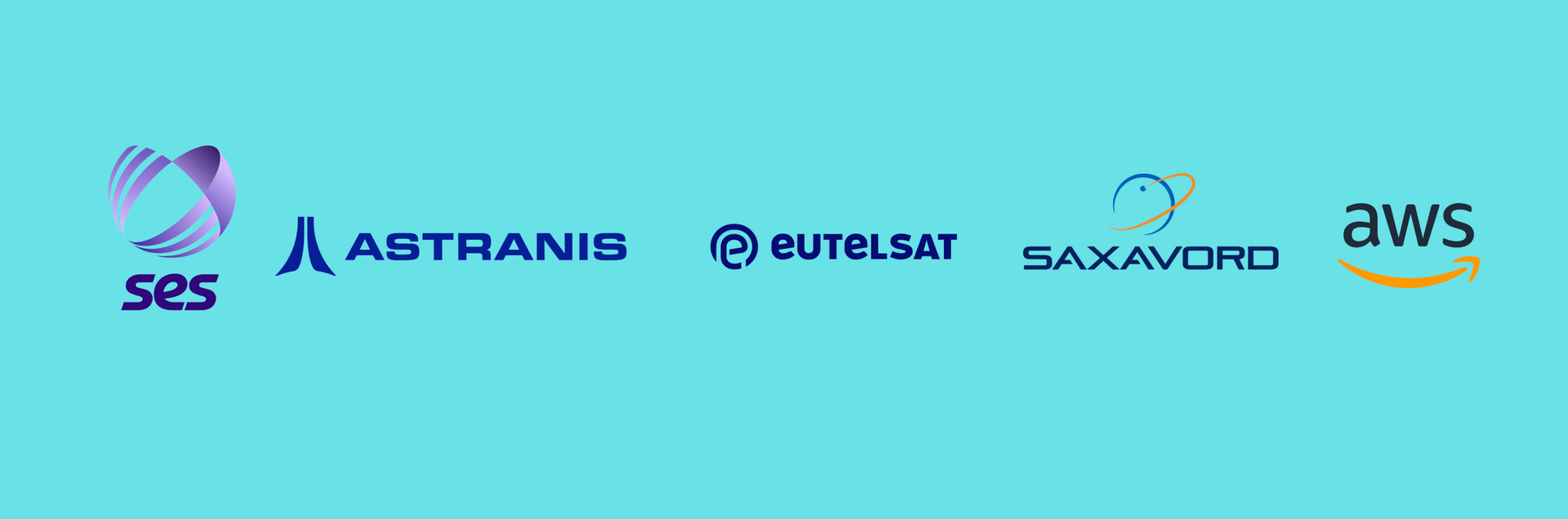 Blue background with client logos including AWS, Saxavord, Astranis, SES and Eutelsat