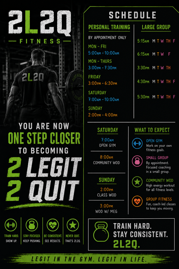 Black-and-green 2L20 Fitness promo poster with workout schedule and slogan: 