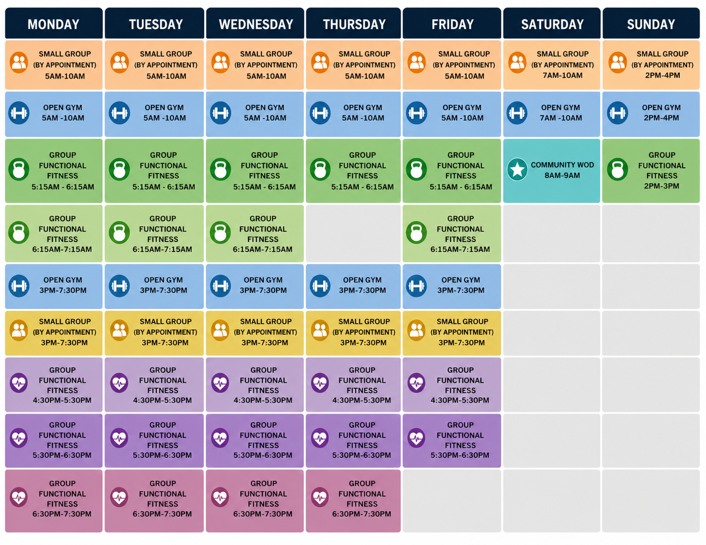 Color-coded weekly schedule grid with daily columns and multiple rows of activity icons and times
