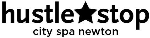 A black and white logo for hustle stop with a star in the middle.