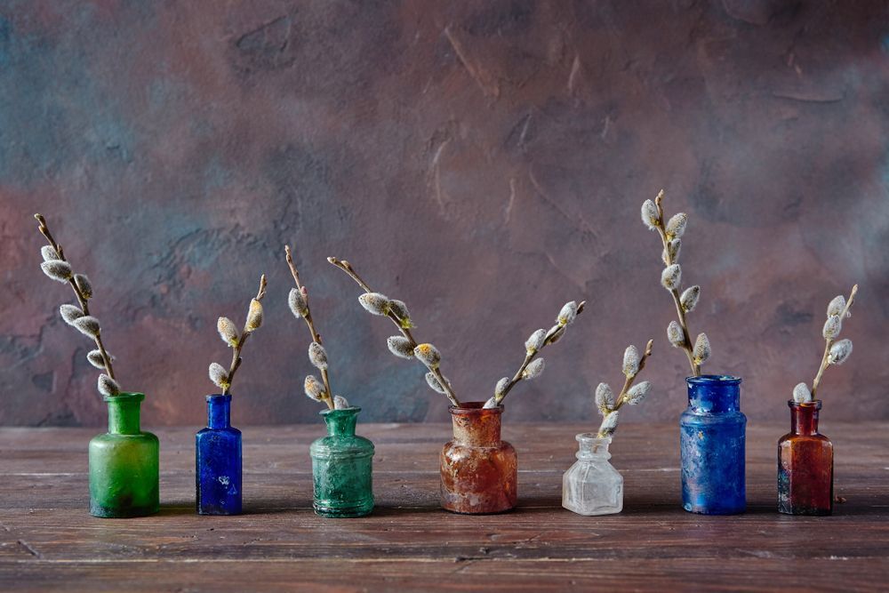 Colorful Small Glass Bottles With Pussy Willow Branches — Atherton Decor Centre In Malanda, QLD