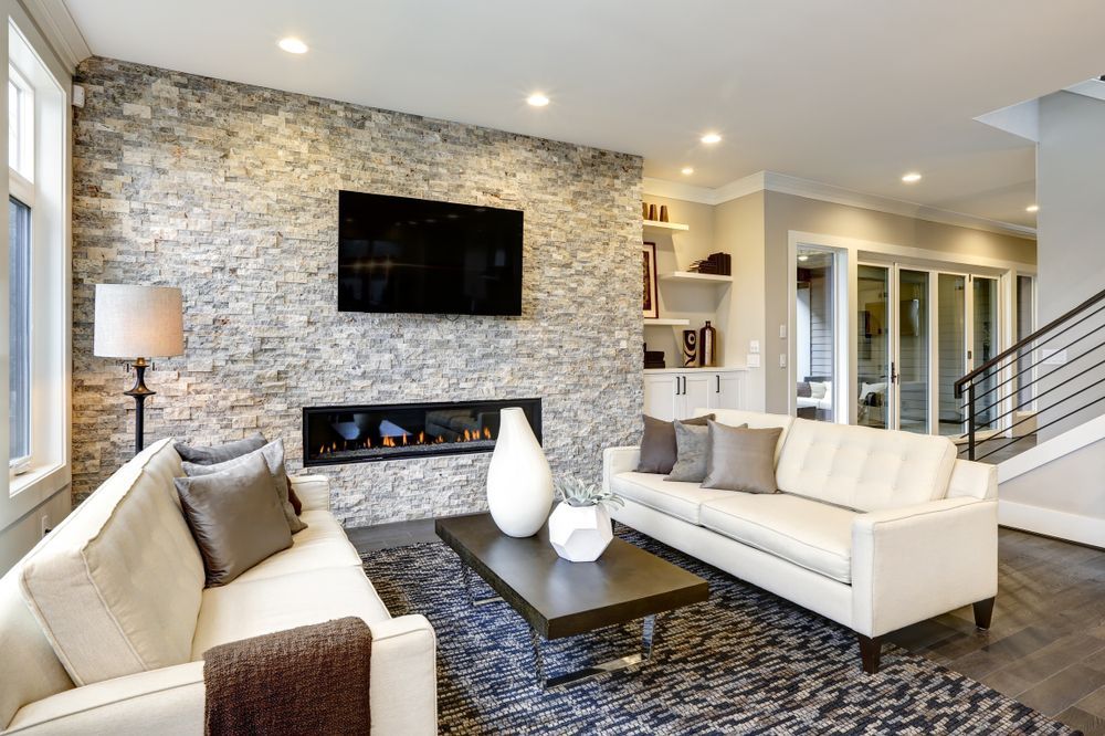 Modern Living Room With Stone Accent Wall — Atherton Decor Centre In Ravenshoe, QLD