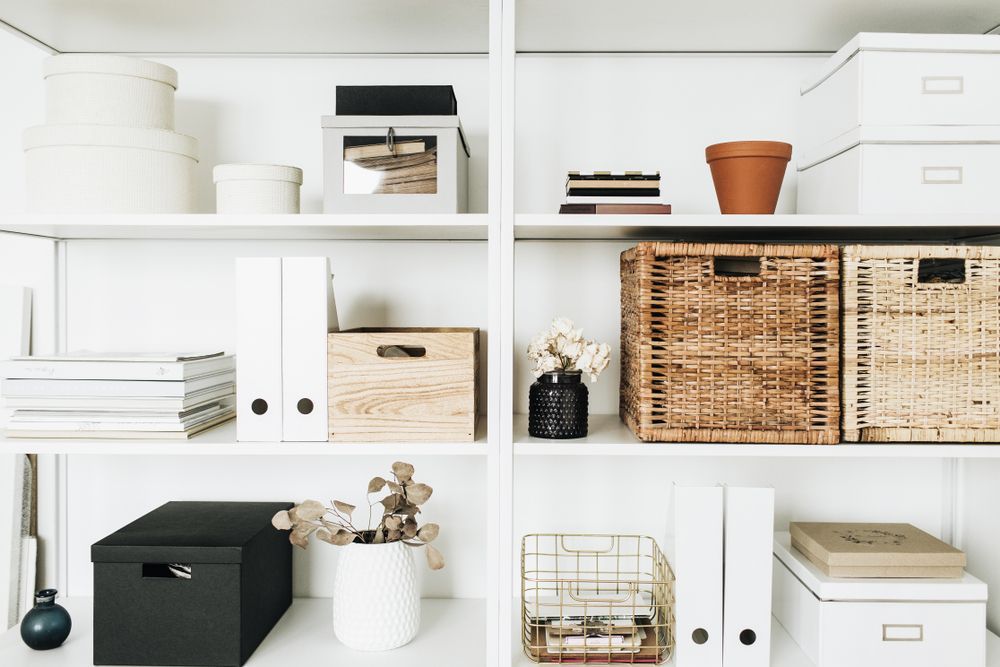White Shelves Filled With Decorative Storage Boxes — Atherton Decor Centre In Dimbulah, QLD