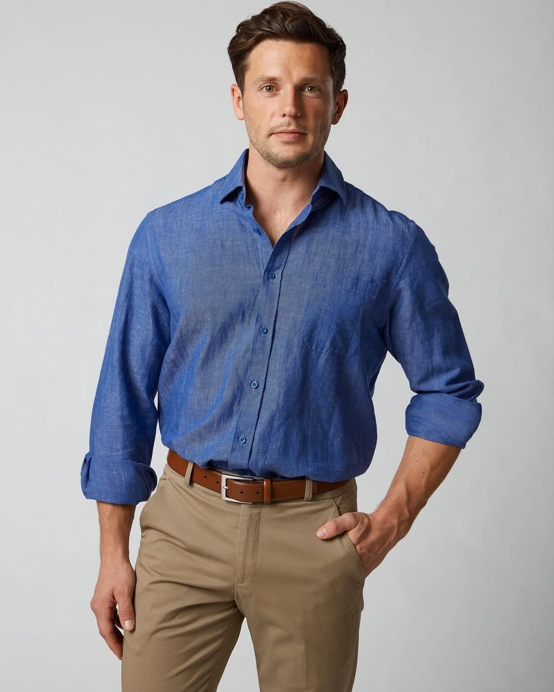 A Man Wearing a Blue Shirt and Khaki Pants — Bonanno's Menswear in Sutherland, NSW