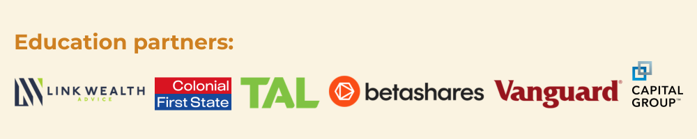 A list of education partners with logos for Link Wealth, Colonial First State, TAL, Betashares, Vanguard, and Capital Group.