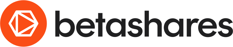 Logo of Betashares featuring a stylized orange hexagon icon with a white play-button shape next to the black text.