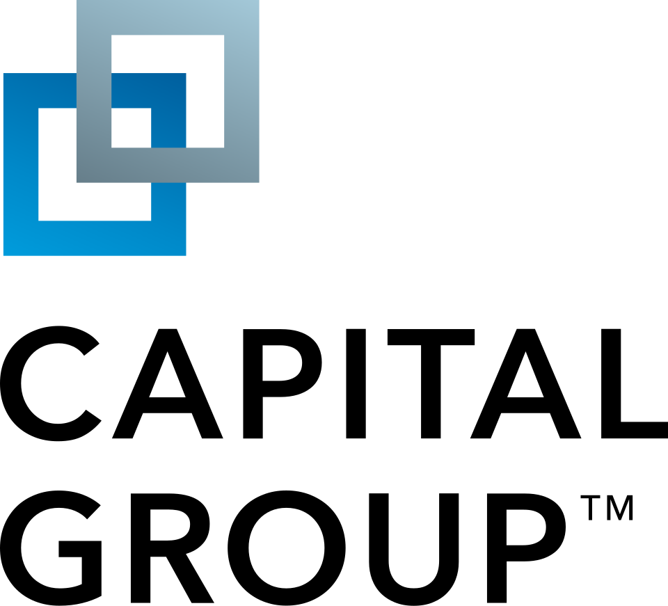 The Capital Group logo features two overlapping squares—one blue, one gray—above the company name in black text.