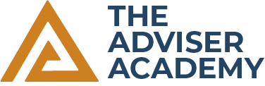 The Adviser Academy logo featuring a stylized gold triangle icon next to the text "THE ADVISER ACADEMY" in dark blue.