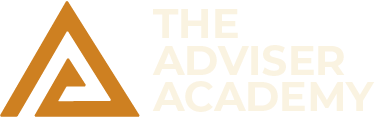 Logo for The Adviser Academy, featuring a stylized gold triangle icon next to the text in a light, neutral tone.