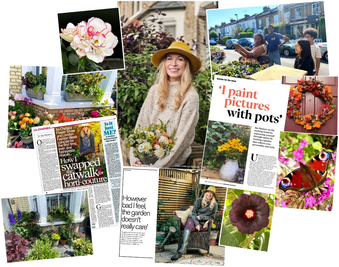A collage showcasing a gardener, potted plant arrangements, flowers, a butterfly, and magazine clippings about gardening.