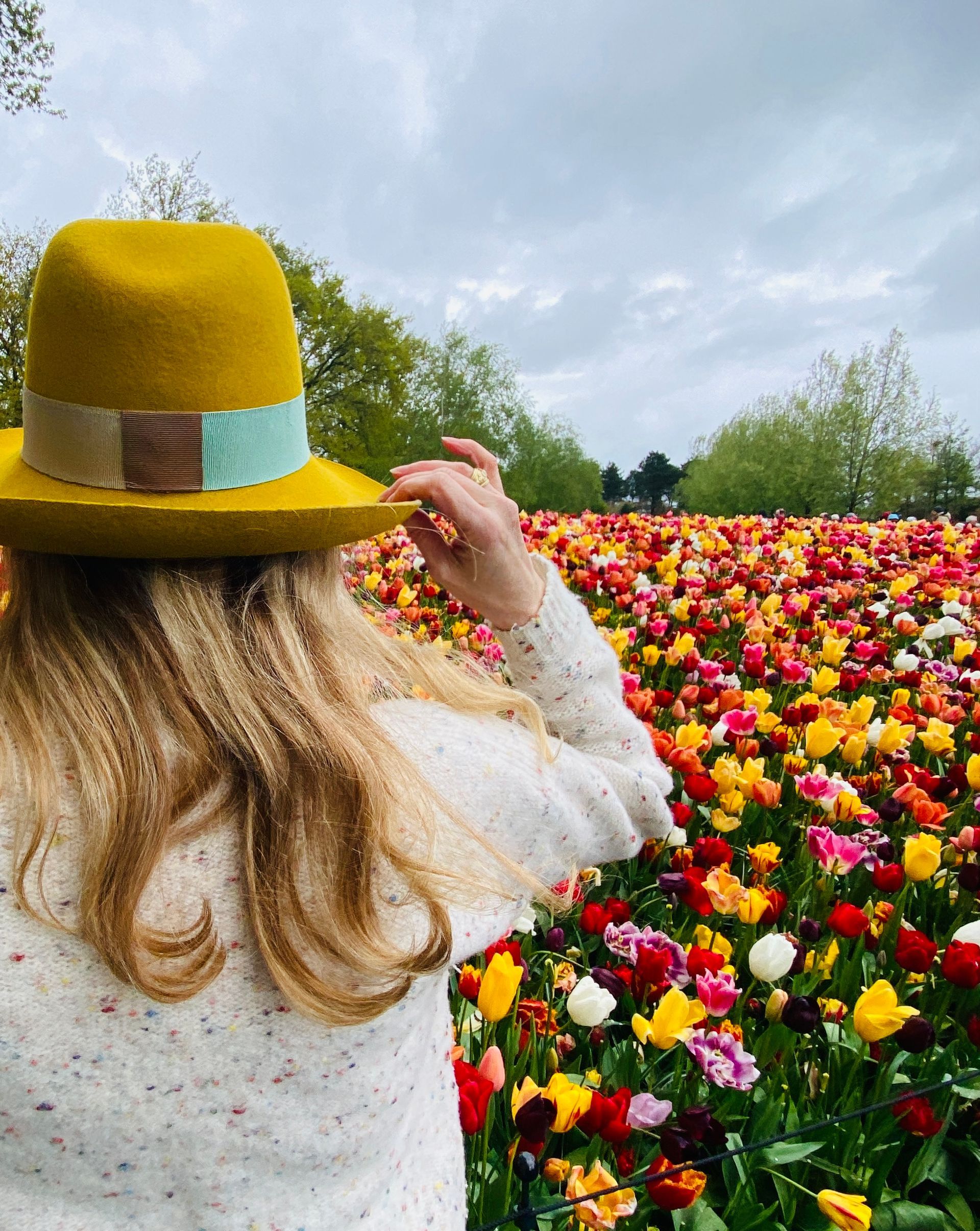 A person wearing a yellow hat with a colorful band overlooks a vast field of vibrant tulips under a cloudy sky.