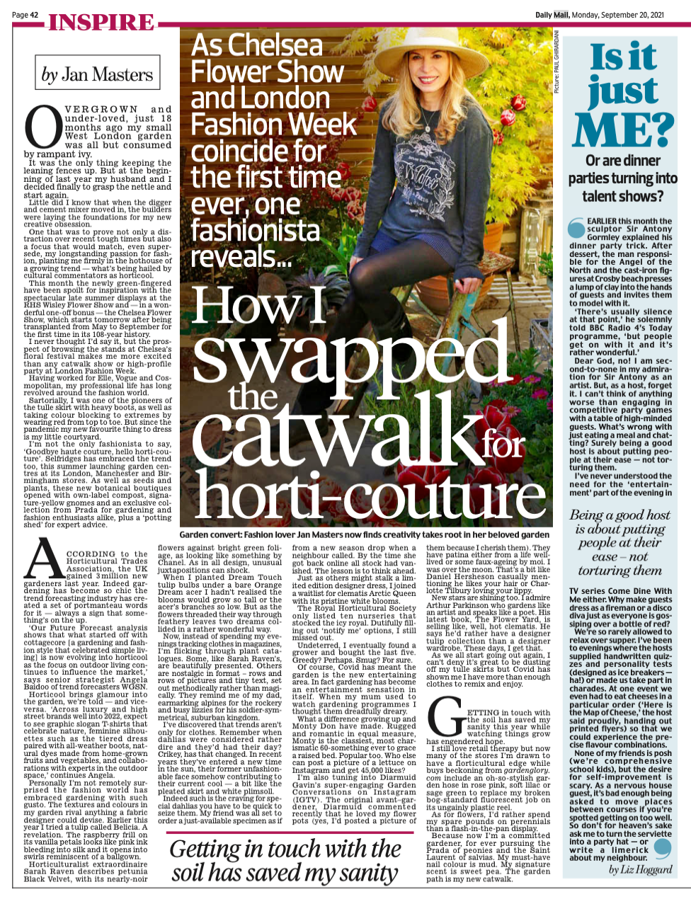 Newspaper article featuring a photo of a woman in a sun hat sitting in a garden, with text about fashion and gardening.