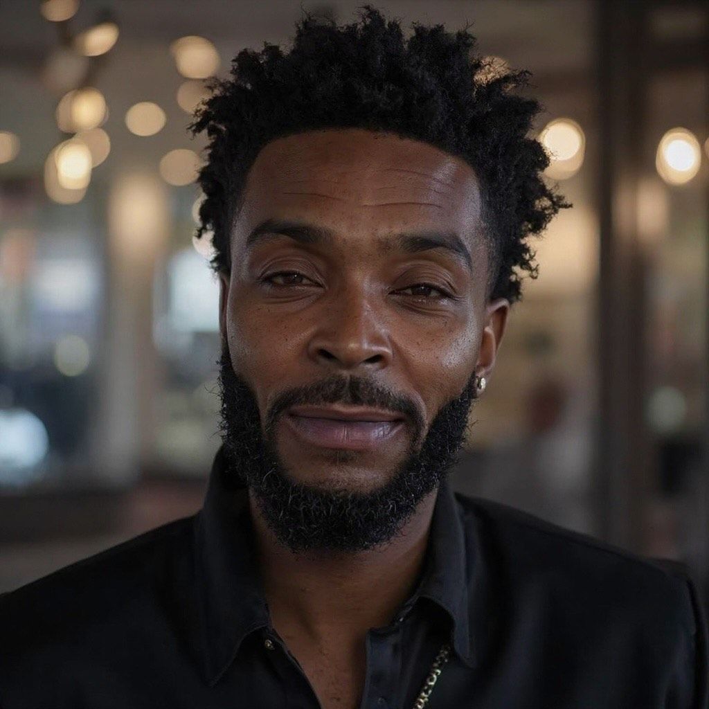 Black man with dark skin and beard smiles. Indoors, blurred background, wearing black shirt.