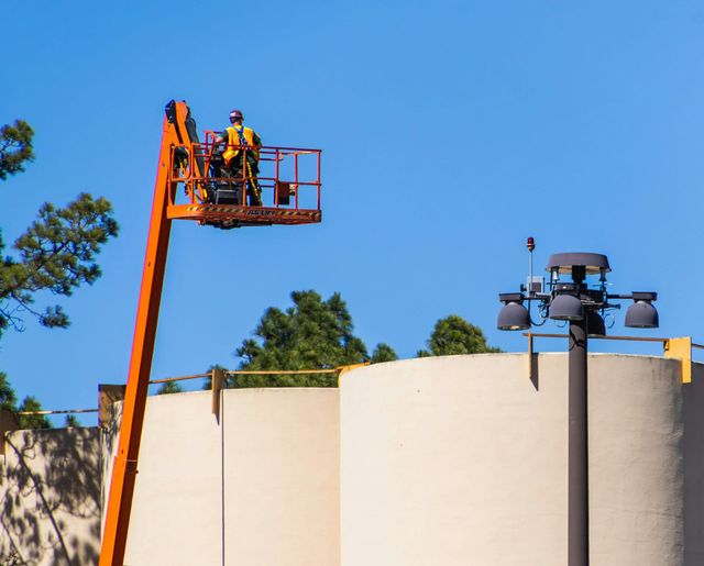 Person in an orange lift platform working on a wall, blue sky, and tall black street light.
