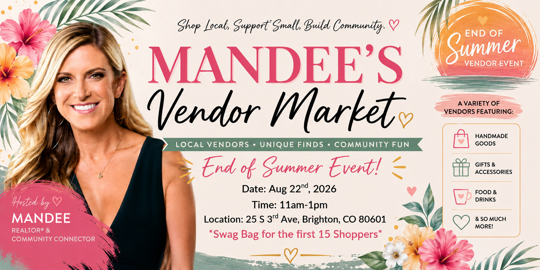Mother’s Day Market flyer with pink flowers and event details on a white background
