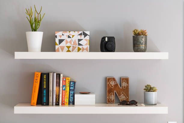 Two white shelves filled with books and potted plants
