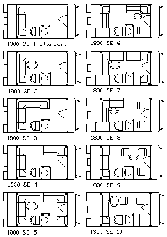 Floor plans labeled 1800 SE 1-10, showing various furniture arrangements in rectangular rooms.