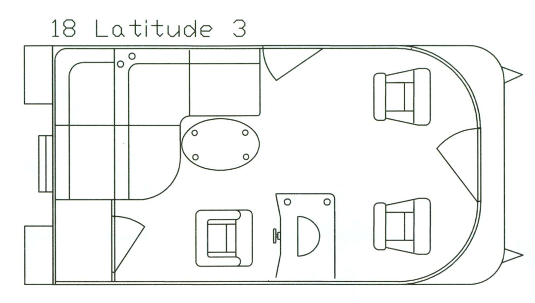 Top-down floor plan of a boat interior, with seating, a small table, and a bathroom area.