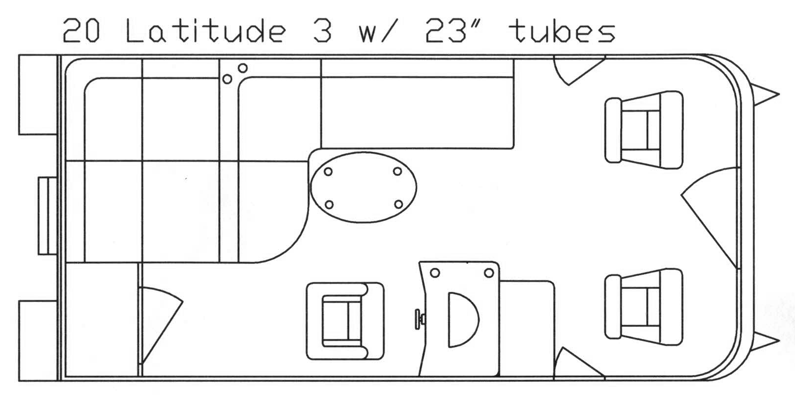 Floor plan of a pontoon boat with seating, table, and storage areas.