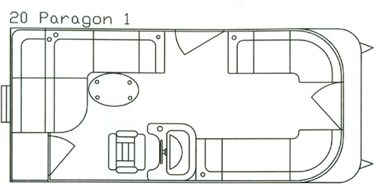 Boat interior layout: 20 Paragon 1, with seating, table, console, and helm station.